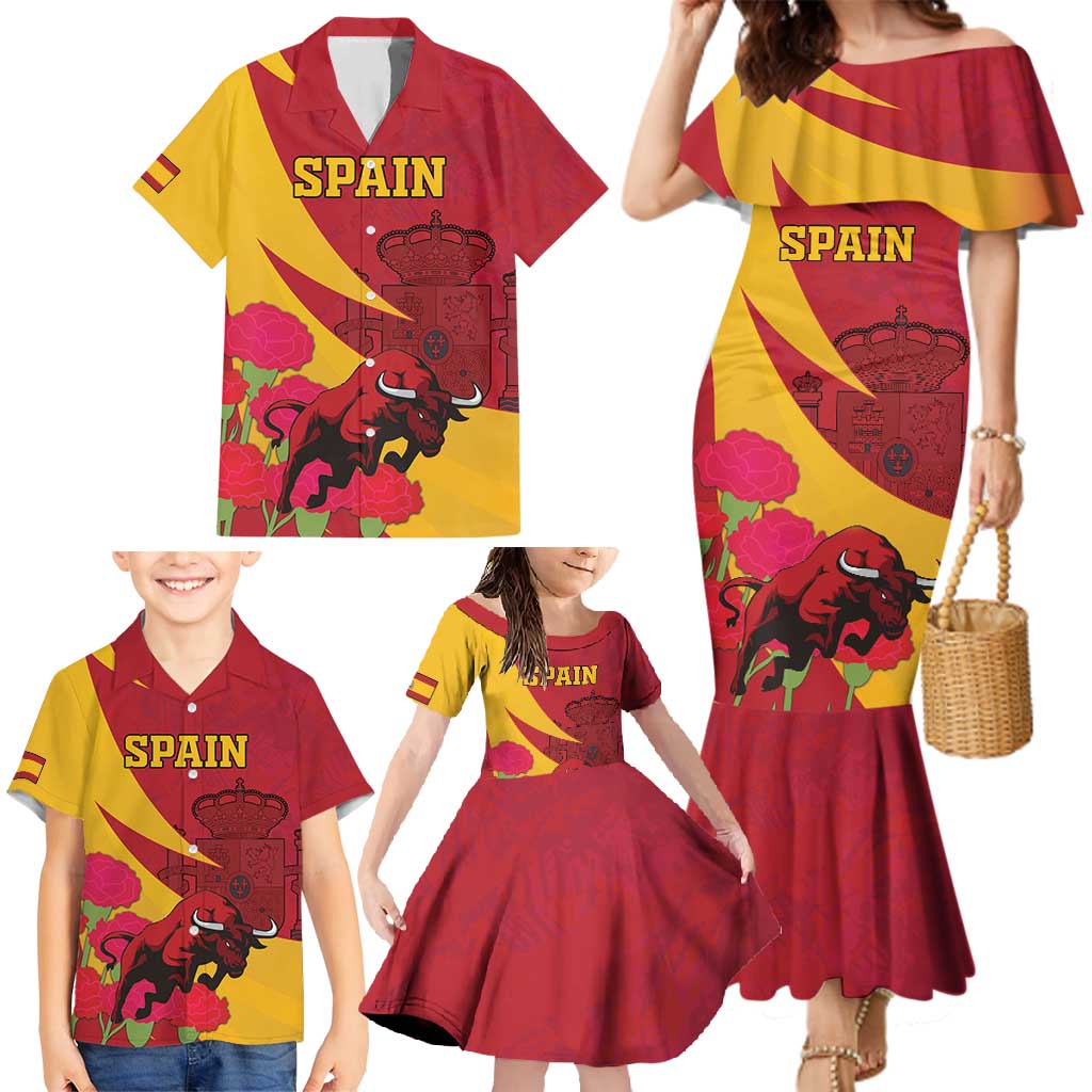 Custom Spain Aggressive Fighting Bull Family Matching Mermaid Dress and Hawaiian Shirt With Carnation Flowers - Wonder Print Shop