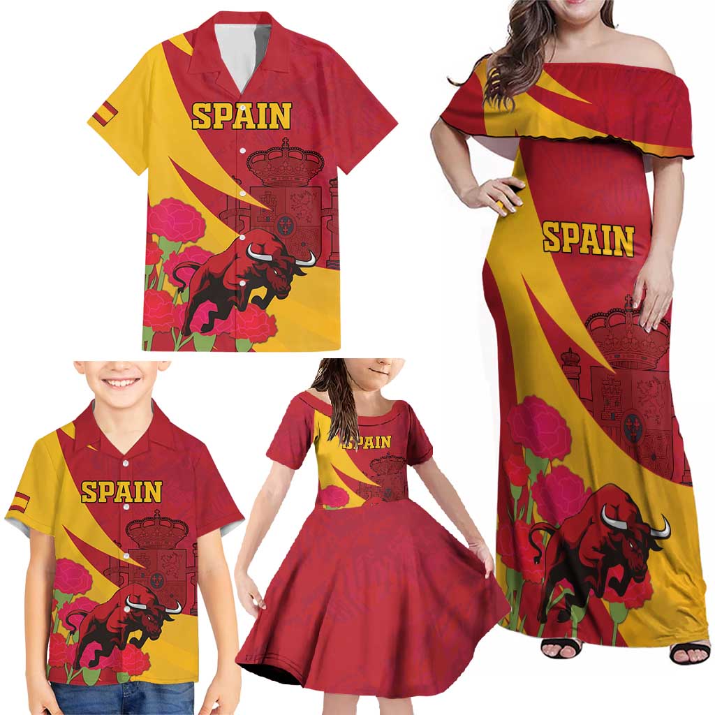 Custom Spain Aggressive Fighting Bull Family Matching Off Shoulder Maxi Dress and Hawaiian Shirt With Carnation Flowers - Wonder Print Shop