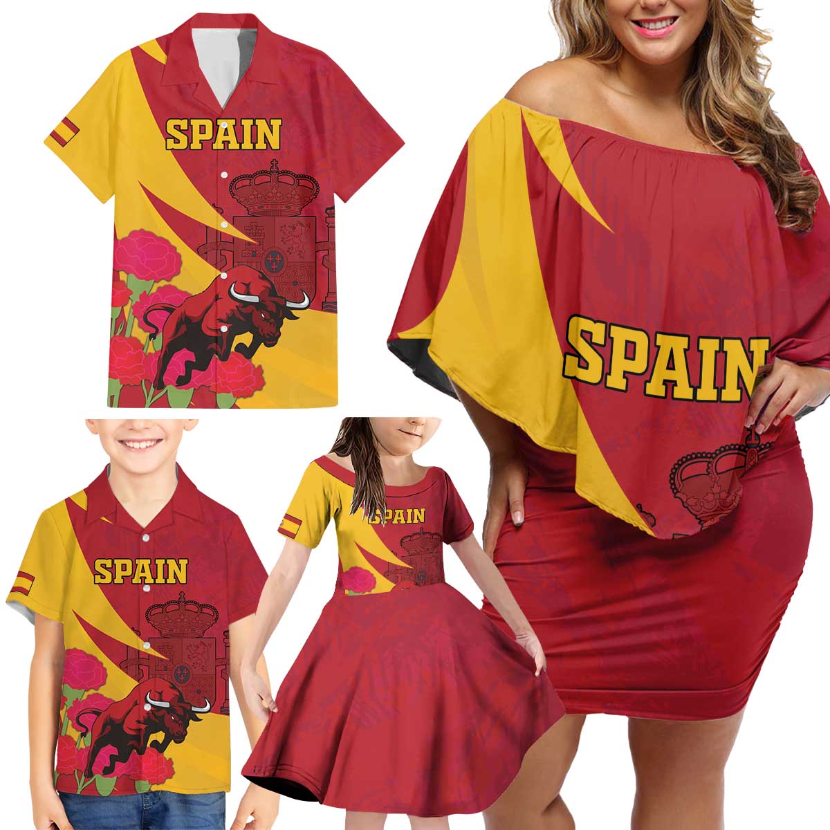 Custom Spain Aggressive Fighting Bull Family Matching Off Shoulder Short Dress and Hawaiian Shirt With Carnation Flowers - Wonder Print Shop