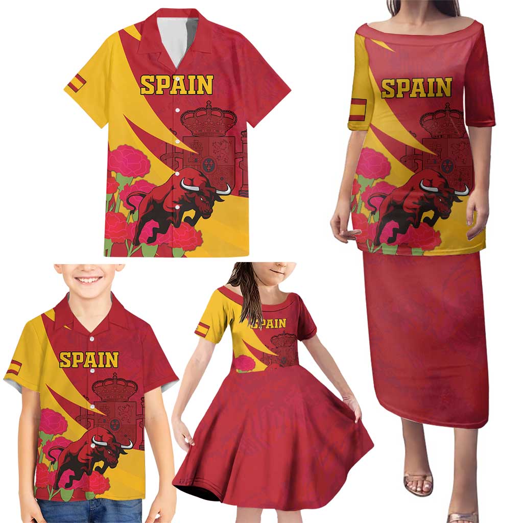 Custom Spain Aggressive Fighting Bull Family Matching Puletasi and Hawaiian Shirt With Carnation Flowers - Wonder Print Shop