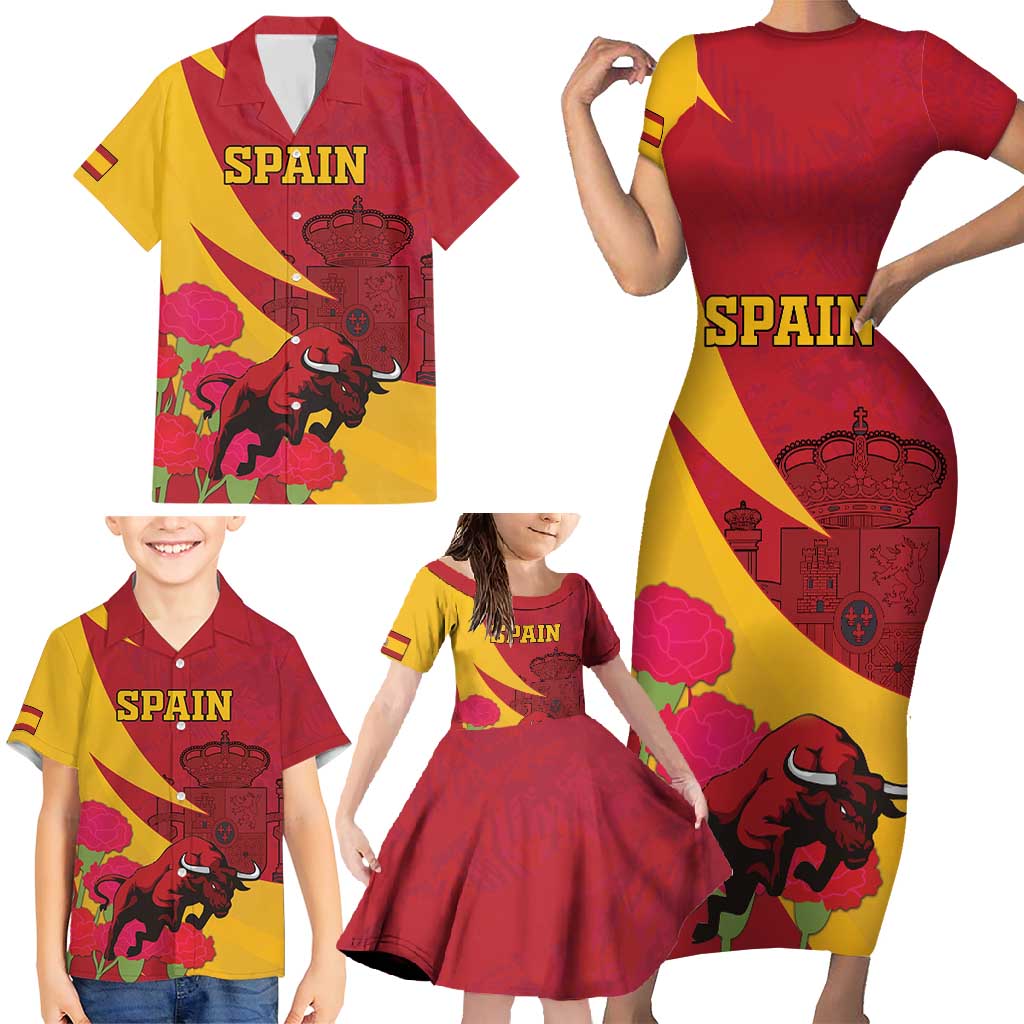 Custom Spain Aggressive Fighting Bull Family Matching Short Sleeve Bodycon Dress and Hawaiian Shirt With Carnation Flowers - Wonder Print Shop