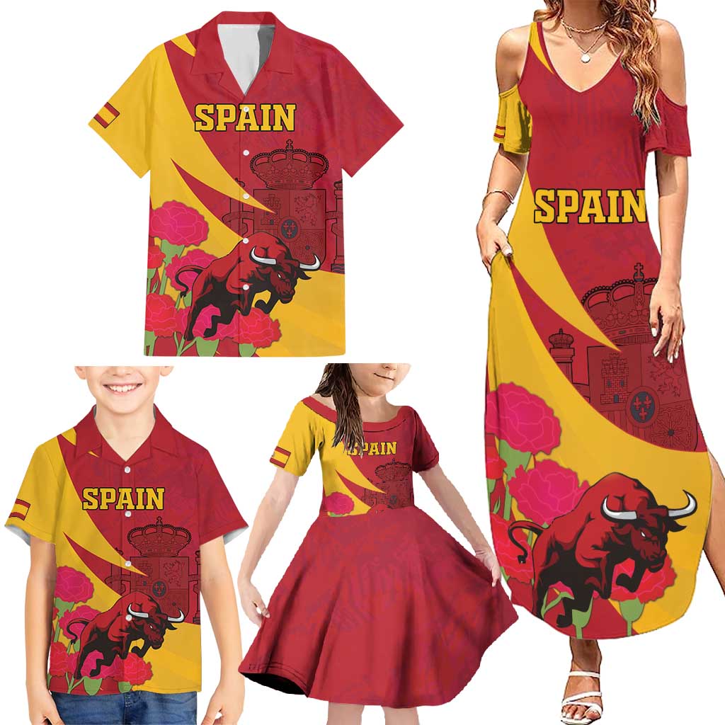 Custom Spain Aggressive Fighting Bull Family Matching Summer Maxi Dress and Hawaiian Shirt With Carnation Flowers - Wonder Print Shop