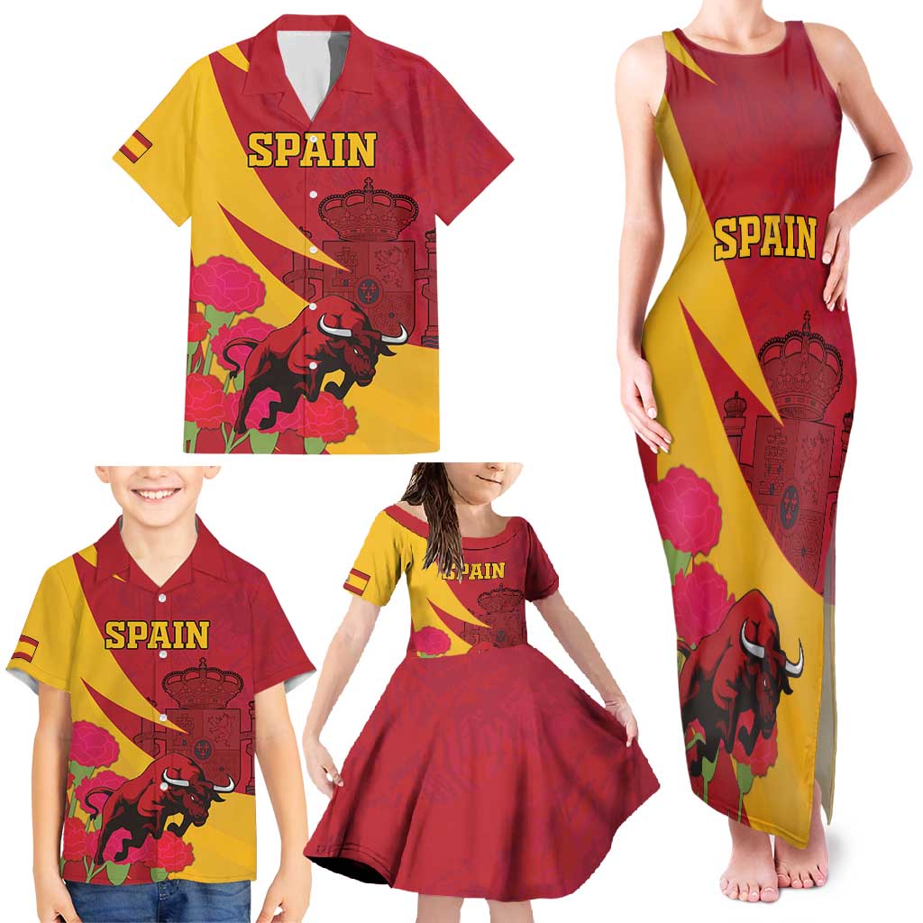 Custom Spain Aggressive Fighting Bull Family Matching Tank Maxi Dress and Hawaiian Shirt With Carnation Flowers - Wonder Print Shop