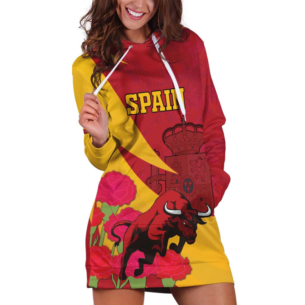 Custom Spain Aggressive Fighting Bull Hoodie Dress With Carnation Flowers - Wonder Print Shop