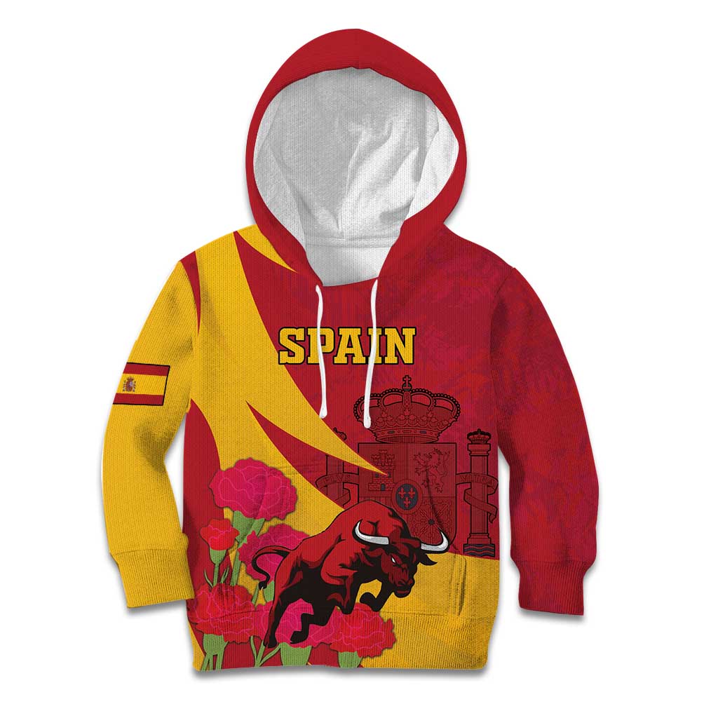 Custom Spain Aggressive Fighting Bull Kid Hoodie With Carnation Flowers - Wonder Print Shop