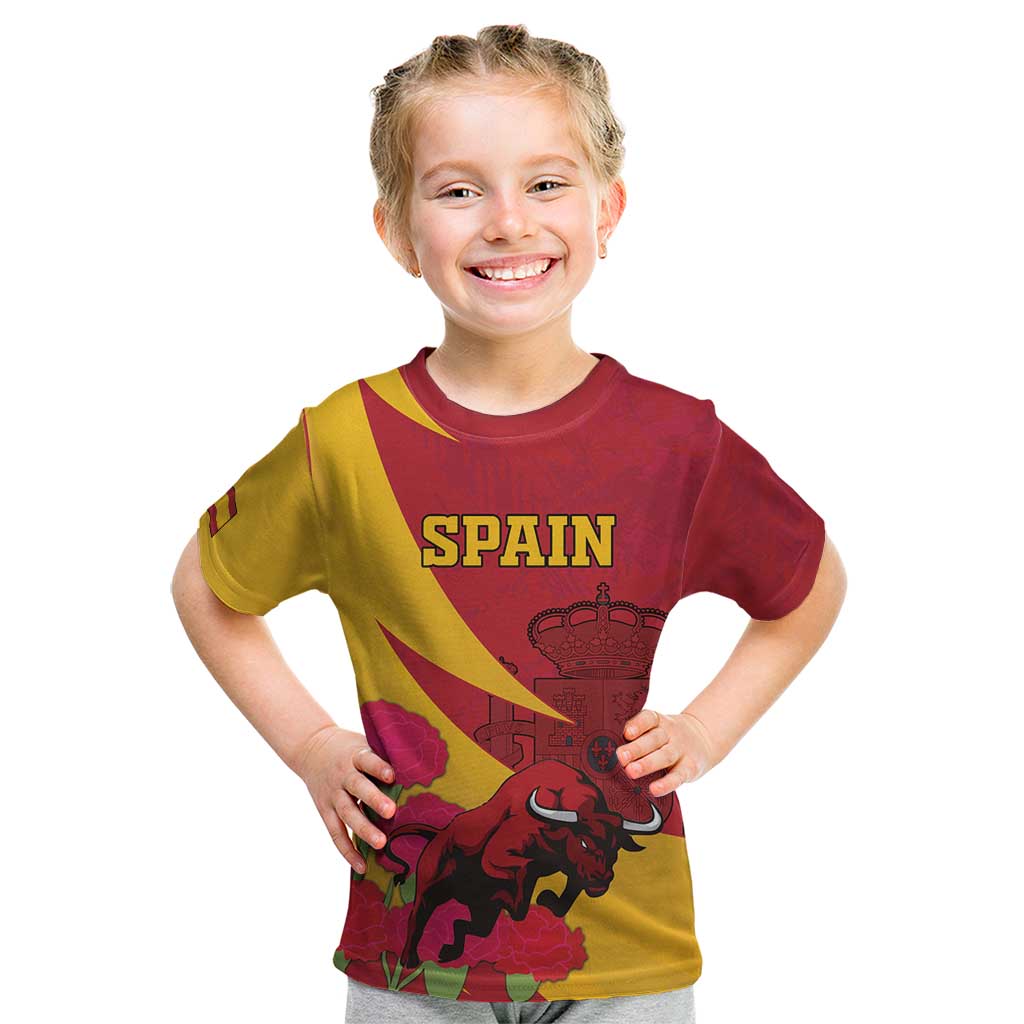 Custom Spain Aggressive Fighting Bull Kid T Shirt With Carnation Flowers - Wonder Print Shop