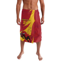 Men's red board shorts with yellow panel and bull graphic, custom text and number 24