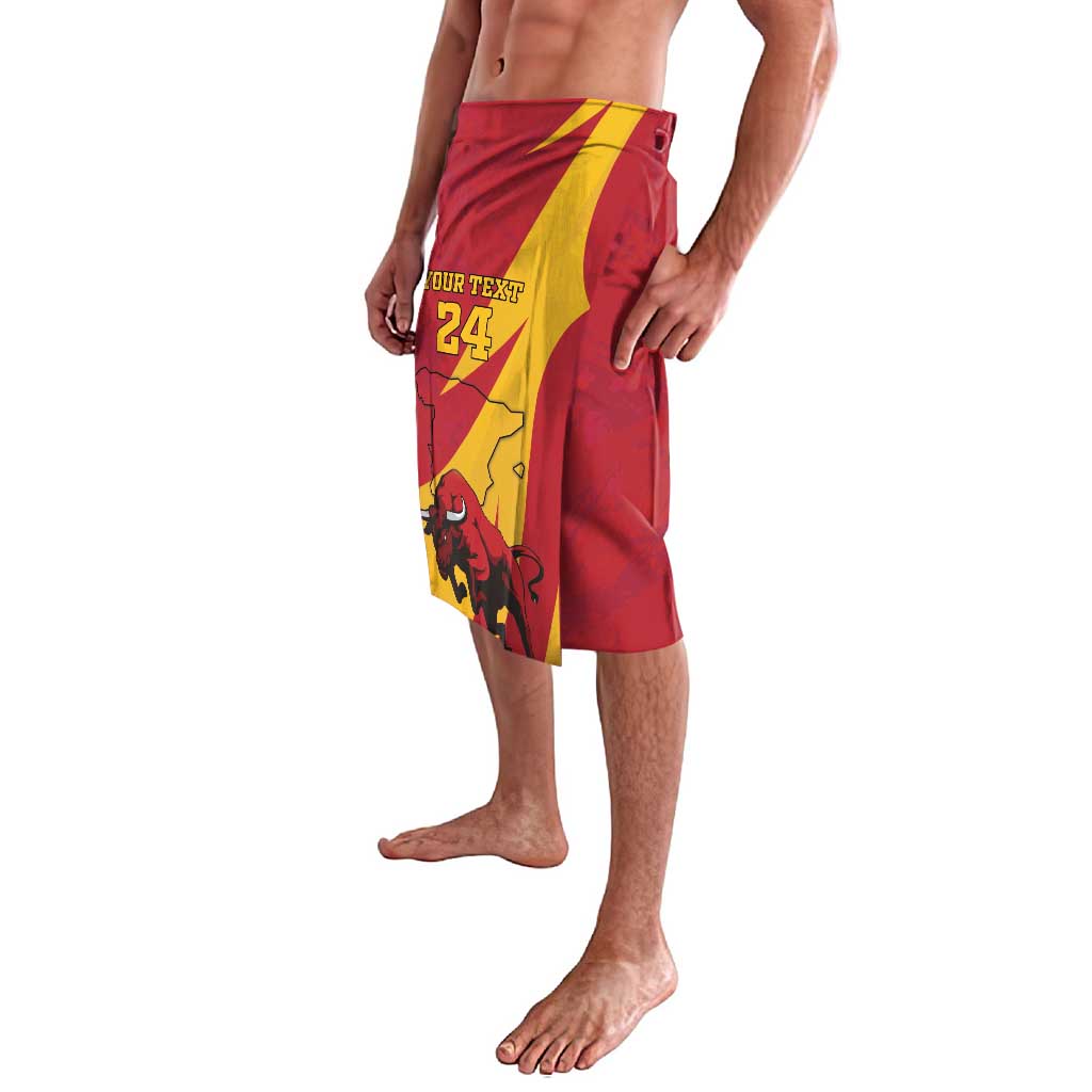 Men's red board shorts with yellow side stripe and bull graphic, front angled view