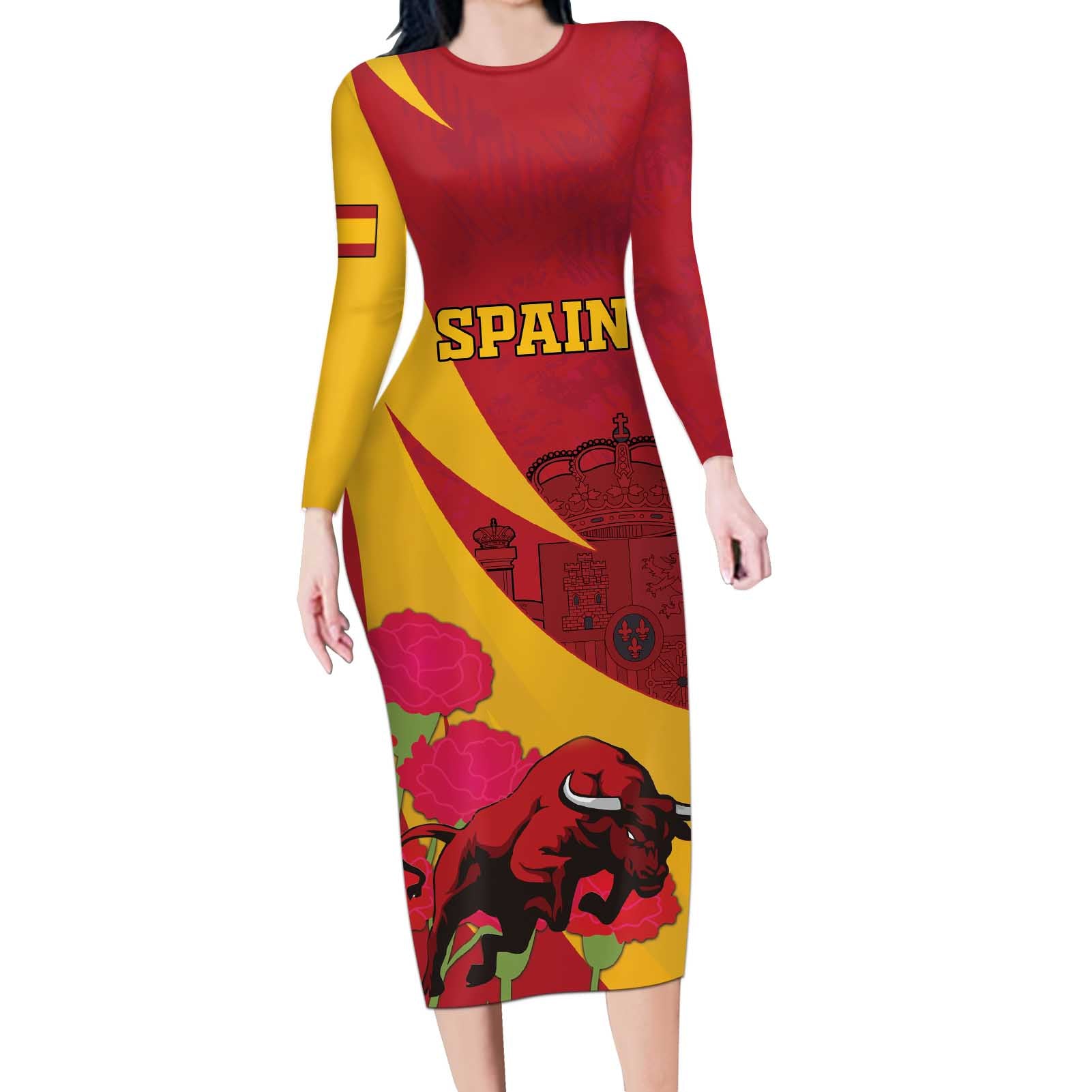 Custom Spain Aggressive Fighting Bull Long Sleeve Bodycon Dress With Carnation Flowers - Wonder Print Shop