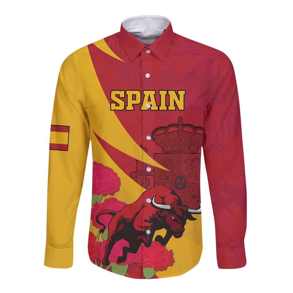 Red and yellow long-sleeve button shirt with bull, crown and flower graphic
