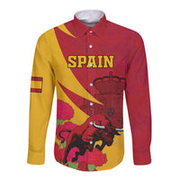 Red and yellow long-sleeve button shirt with bull, crown and flower graphic