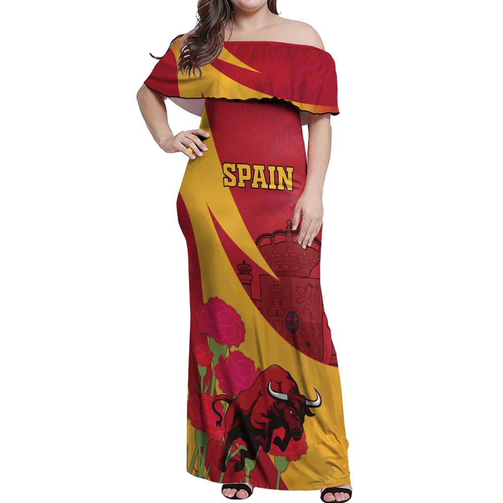 Custom Spain Aggressive Fighting Bull Off Shoulder Maxi Dress With Carnation Flowers - Wonder Print Shop