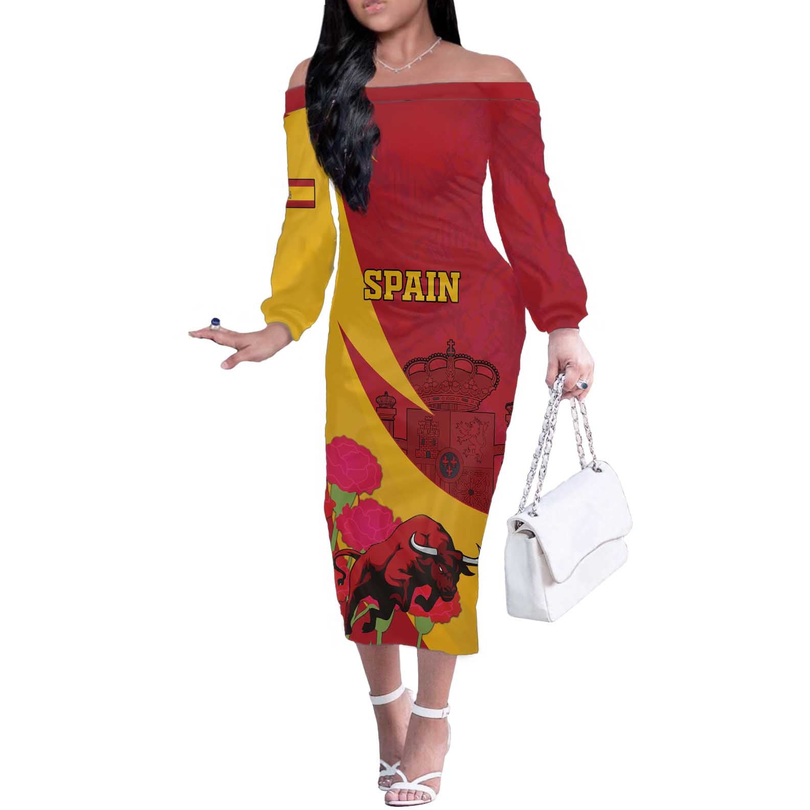 Custom Spain Aggressive Fighting Bull Off The Shoulder Long Sleeve Dress With Carnation Flowers - Wonder Print Shop