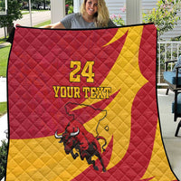 Red and yellow quilt blanket with bull graphic and '24 YOUR TEXT' design