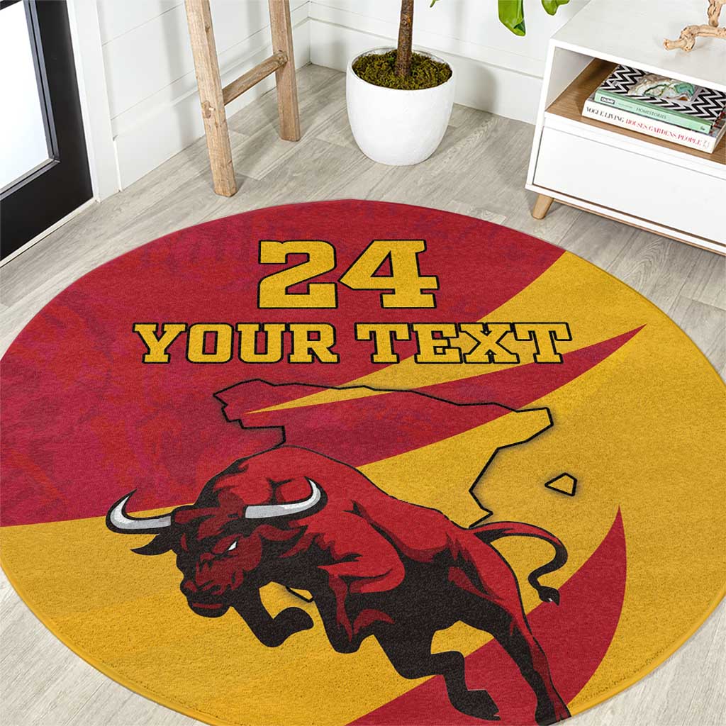 Round red and yellow sports rug with aggressive bull graphic and '24 YOUR TEXT'