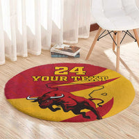Round red and yellow rug with aggressive bull and '24 YOUR TEXT' in the middle