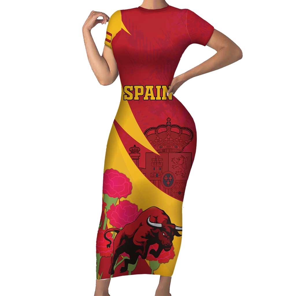 Custom Spain Aggressive Fighting Bull Short Sleeve Bodycon Dress With Carnation Flowers - Wonder Print Shop