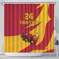 Red and yellow Spain-style shower curtain featuring a bull emblem and “YOUR TEXT”