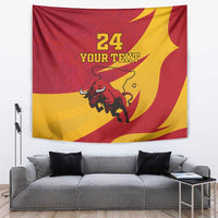 Red and yellow bull graphic tapestry with centered "24 YOUR TEXT" design