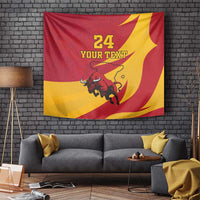 Red and yellow bull graphic tapestry with "24 YOUR TEXT" and sweeping shapes