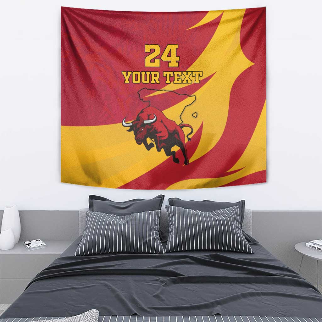 Red and yellow bull graphic tapestry showing "24 YOUR TEXT" centered print