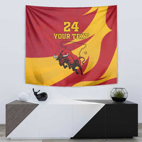 Red and yellow bull graphic tapestry with "24 YOUR TEXT" bold centered layout