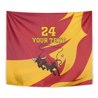 Close red and yellow bull graphic tapestry with large "24 YOUR TEXT" text