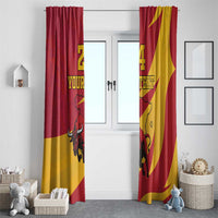 Pair of red and gold window curtains with bull motif and centered custom number and text.