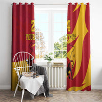 Full-length red and gold curtains with bull graphic, custom number, and text across panels.
