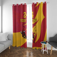 Red and gold curtains with bull emblem, custom text, and top hanging hooks on rod.