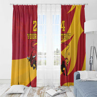 Set of red and gold curtains with bull graphic, numbered custom text, and grommet-style top.