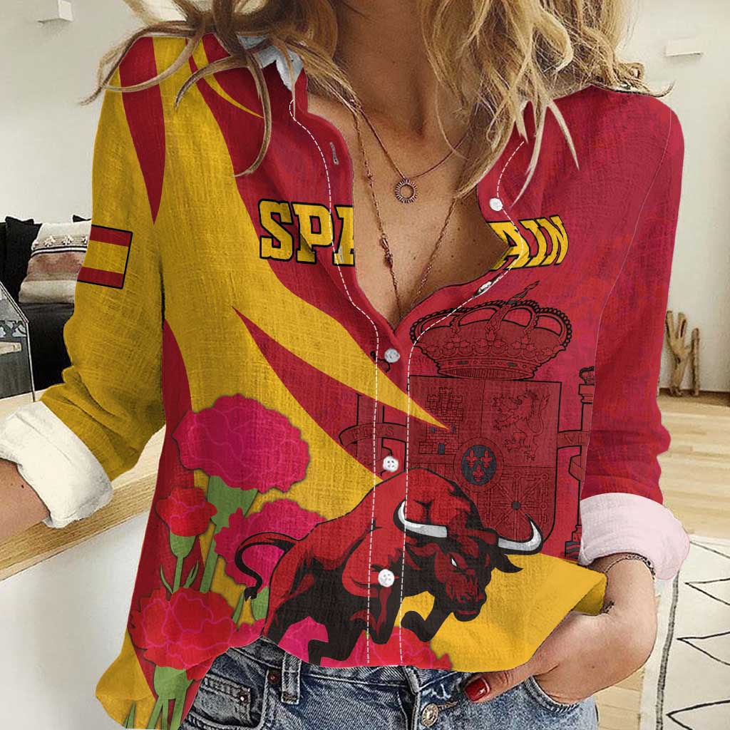 Custom Spain Aggressive Fighting Bull Women Casual Shirt With Carnation Flowers