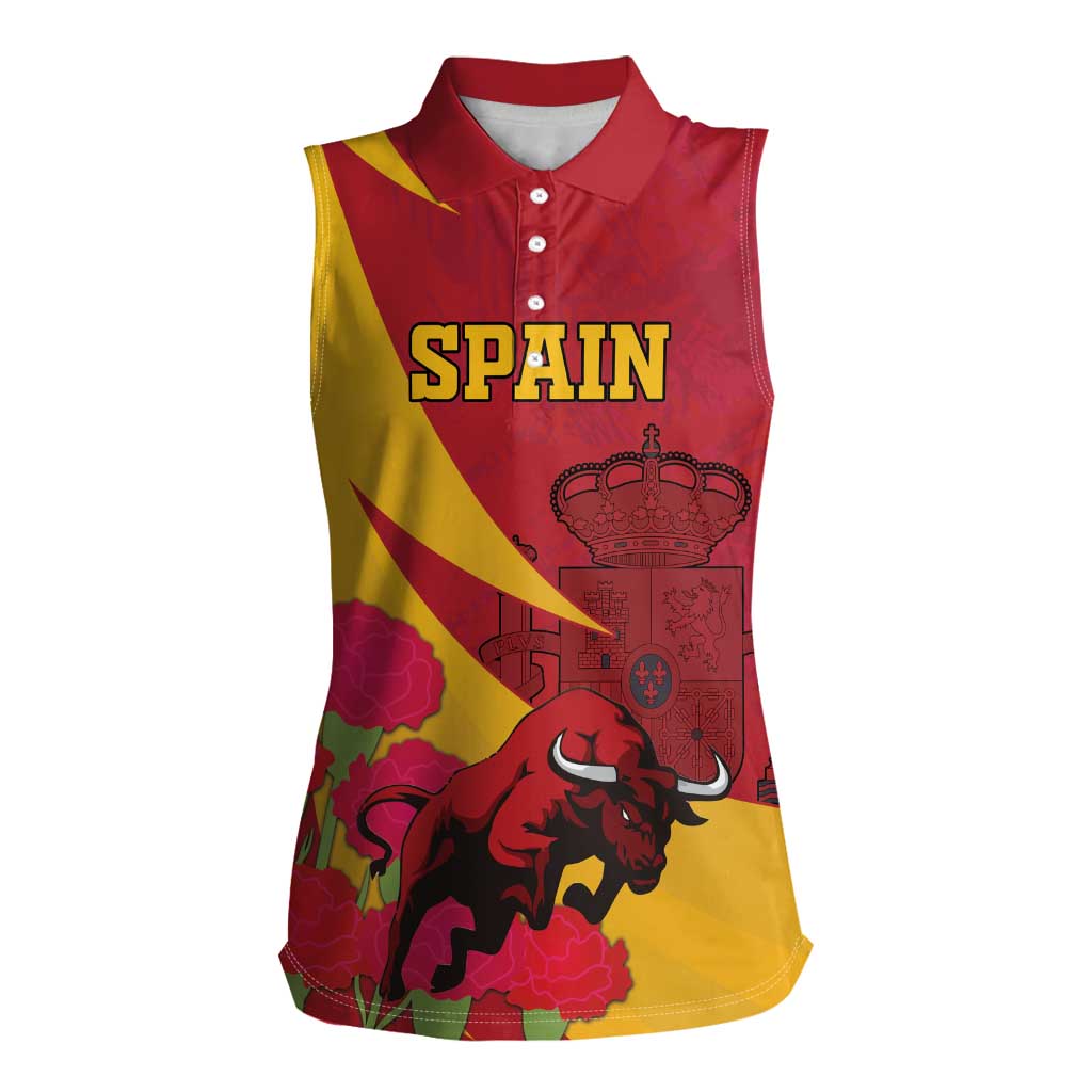 Custom Spain Aggressive Fighting Bull Women Sleeveless Polo Shirt With Carnation Flowers - Wonder Print Shop