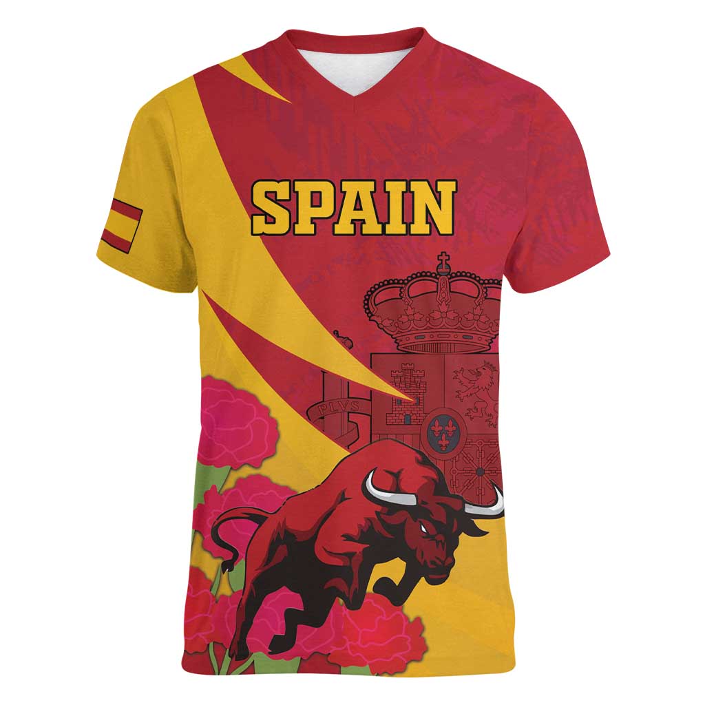 Custom Spain Aggressive Fighting Bull Women V-Neck T-Shirt With Carnation Flowers - Wonder Print Shop