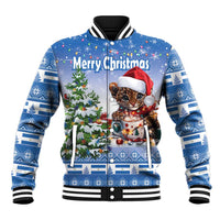 Blue Christmas baseball jacket with striped collar, cat in Santa hat, Merry Christmas graphic