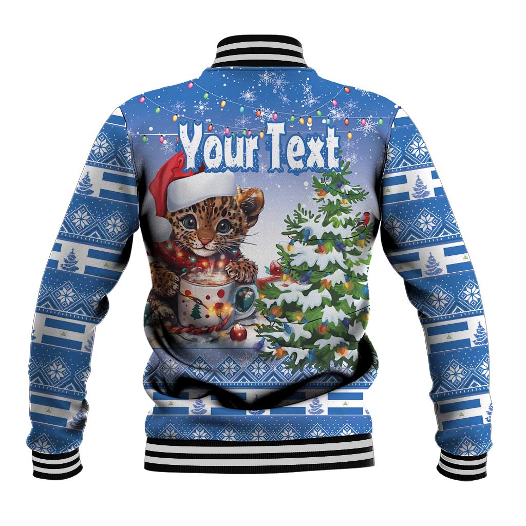 Back view blue Christmas baseball jacket with striped collar, cat with cup, Your Text graphic