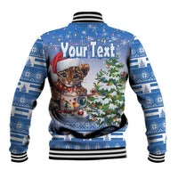 Back view blue Christmas baseball jacket with striped collar, cat with cup, Your Text graphic