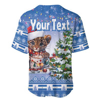 Blue Christmas baseball jersey with cat in Santa hat, mug and trees; 'Your Text' graphic