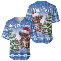 Two blue Christmas baseball jerseys with cat in Santa hat and mug; 'Merry Christmas' and 'Your Text'
