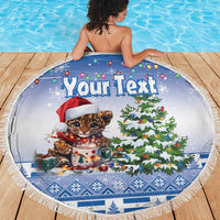 Round blue beach blanket with leopard kitten in Santa hat and Christmas tree, full graphic