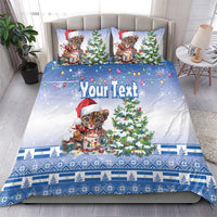 Blue Christmas bedding set with Santa-hat kitten, trees, lights and “Your Text” on the duvet