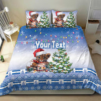 Blue Christmas bedding set with Santa-hat kitten, green tree and “Your Text” on the duvet