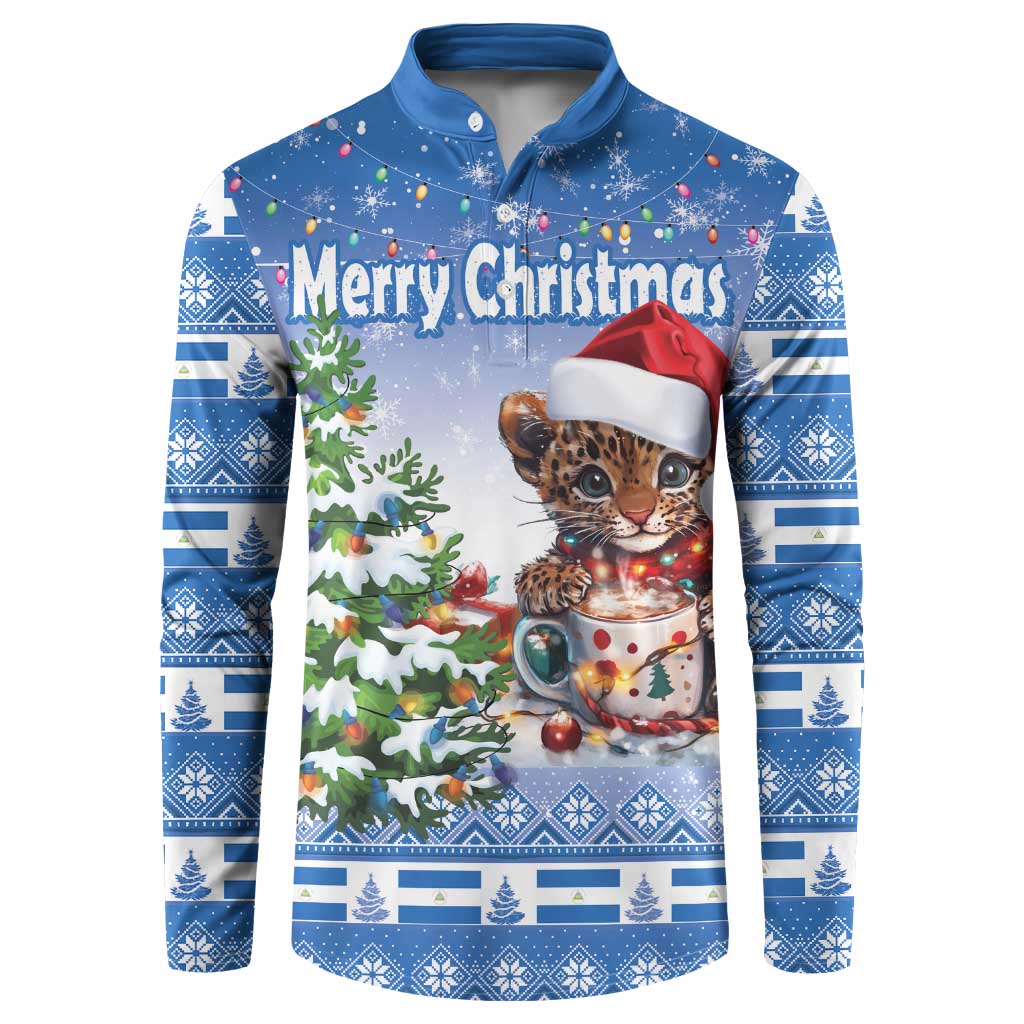 Blue Christmas button sweatshirt with wild cat graphic and 'Merry Christmas' front