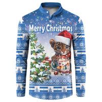 Blue Christmas button sweatshirt with wild cat graphic and 'Merry Christmas' front