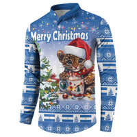 Blue Christmas button sweatshirt with wild cat in Santa hat and 'Merry Christmas' front