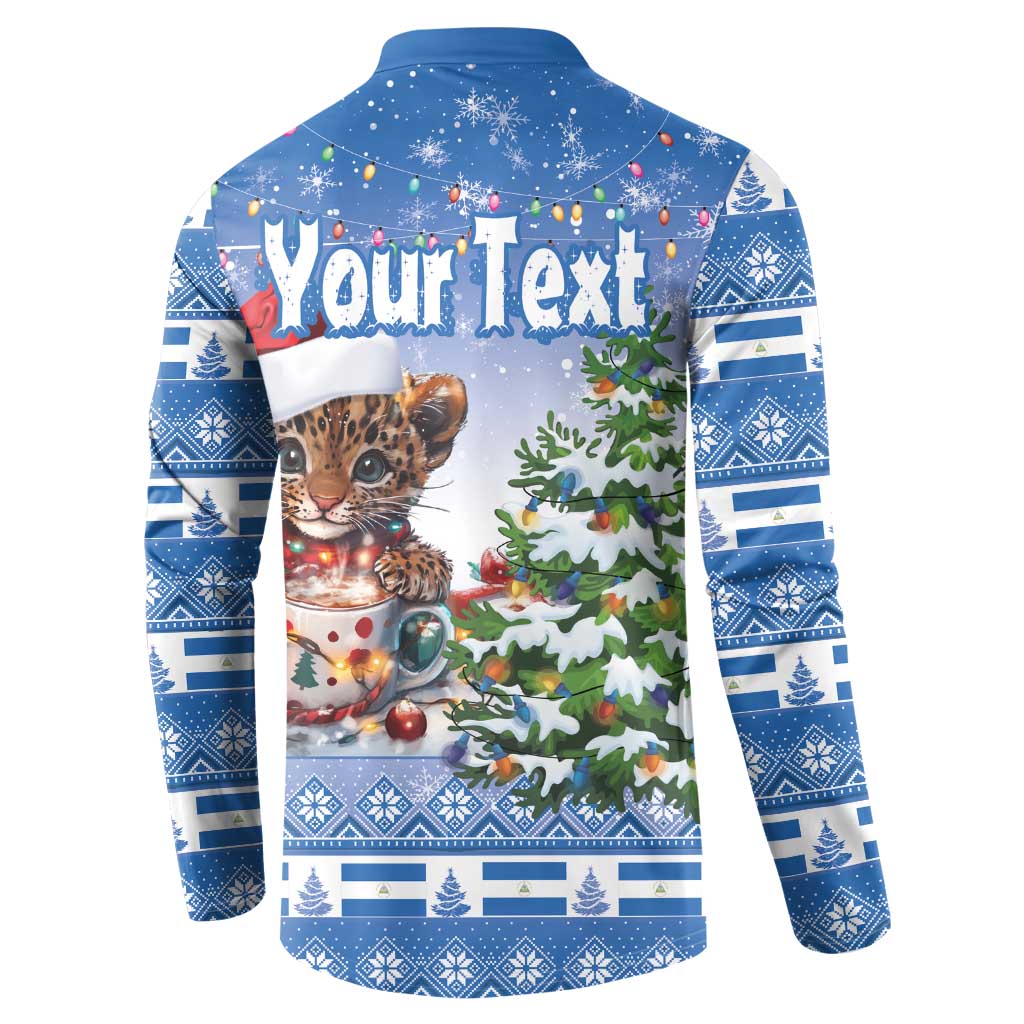 Blue Christmas button sweatshirt back with Your Text and wild cat in snow scene