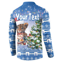 Blue Christmas button sweatshirt back with Your Text and wild cat in snow scene