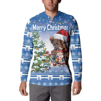 Blue Christmas button sweatshirt worn by model, wild cat graphic and 'Merry Christmas'