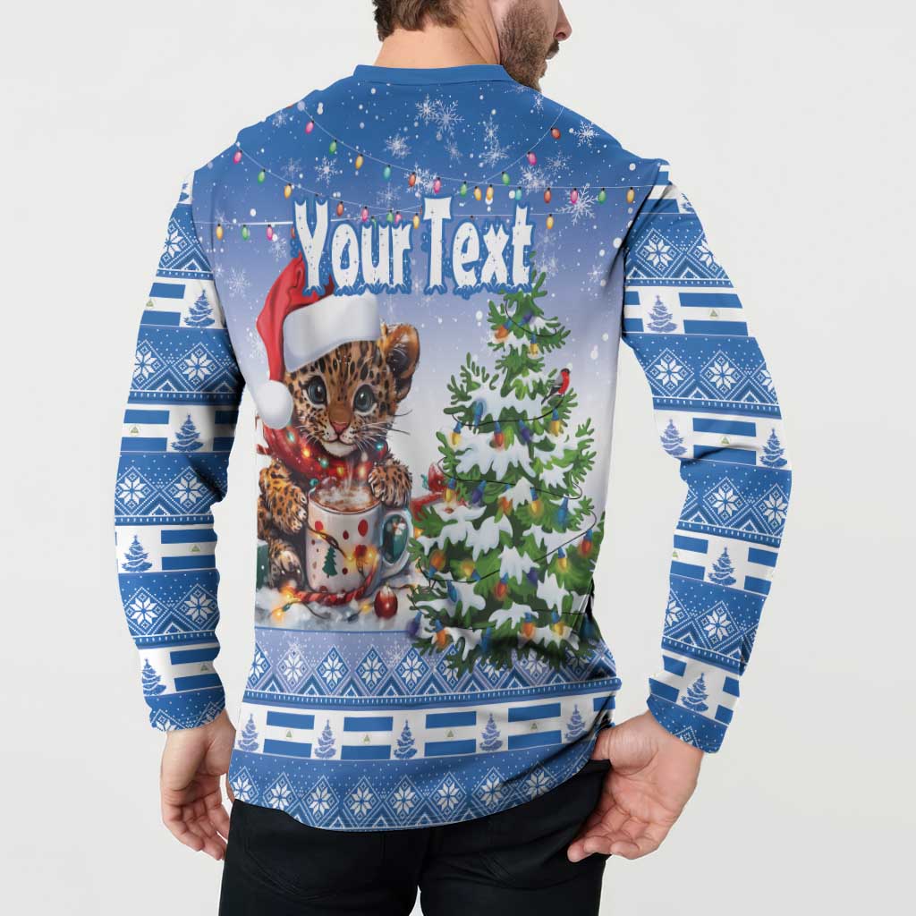 Blue Christmas button sweatshirt back with Your Text and wild cat with snowman