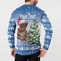 Blue Christmas button sweatshirt back with Your Text and wild cat with snowman